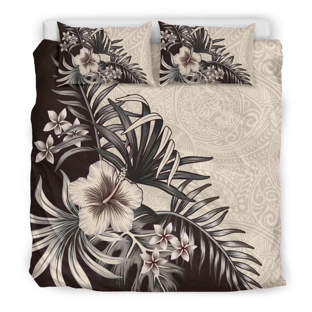 Hawaiian Duvet Cover Set - The Beige Hibiscus Plumeria Plam Black - Polynesian Pride