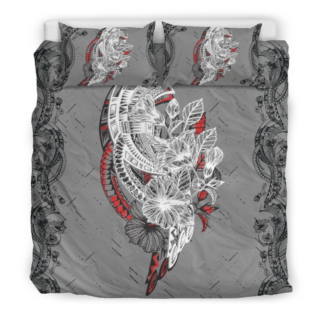 Hawaii Duvet Cover Set - Polynesian Hibiscus Flowers Grey Style Black - Polynesian Pride