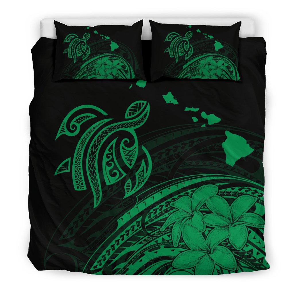 Hawaiian Map Turtle Hibiscus Plumeria Polynesian Bedding Set Green - Polynesian Pride