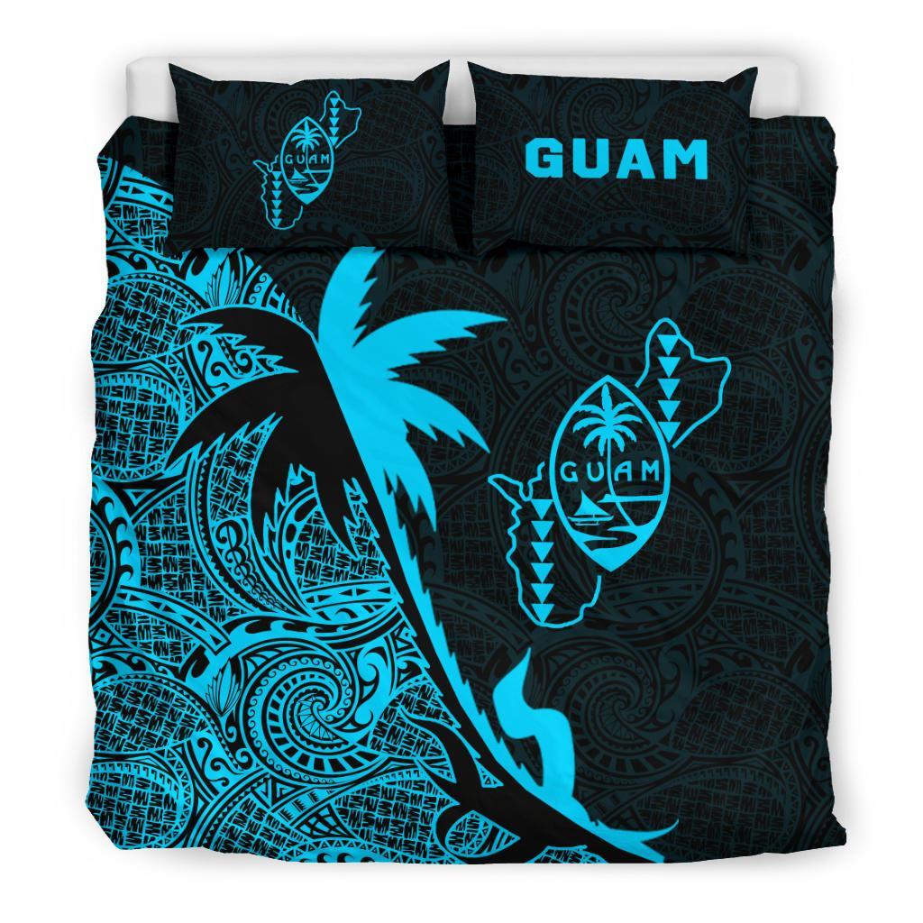 Guam Duvet Cover Set - Guam Coat Of Arms & Coconut Tree Blue Blue - Polynesian Pride