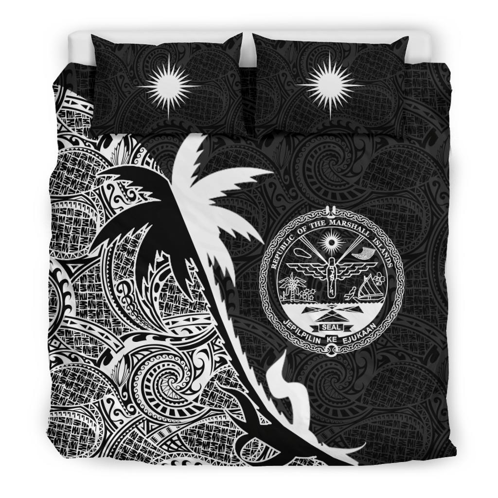 Marshall Islands Duvet Cover Set - Marshall Islands Coat Of Arms & Coconut Tree Black White Black - Polynesian Pride