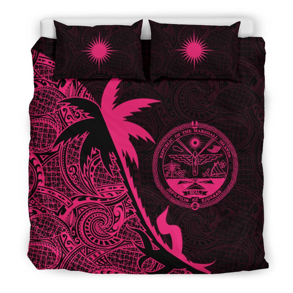 Marshall Islands Duvet Cover Set - Marshall Islands Coat Of Arms & Coconut Tree Pink Pink - Polynesian Pride