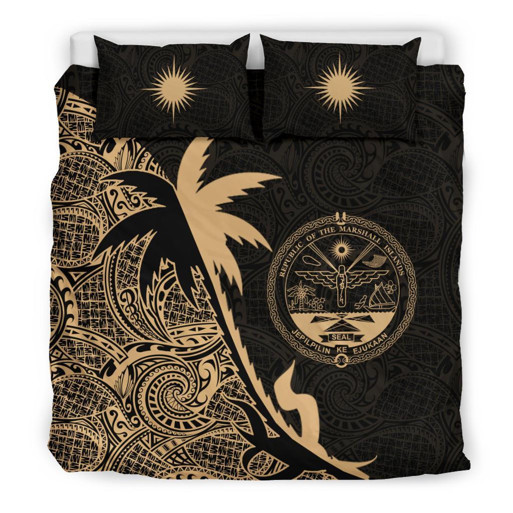 Marshall Islands Duvet Cover Set - Marshall Islands Coat Of Arms & Coconut Tree Gold Gold - Polynesian Pride