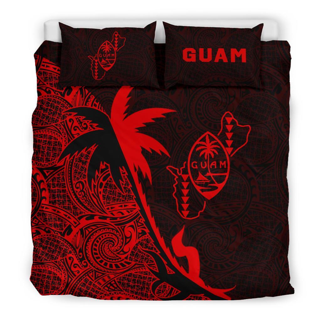 Guam Duvet Cover Set - Guam Coat Of Arms & Coconut Tree Red Black - Polynesian Pride