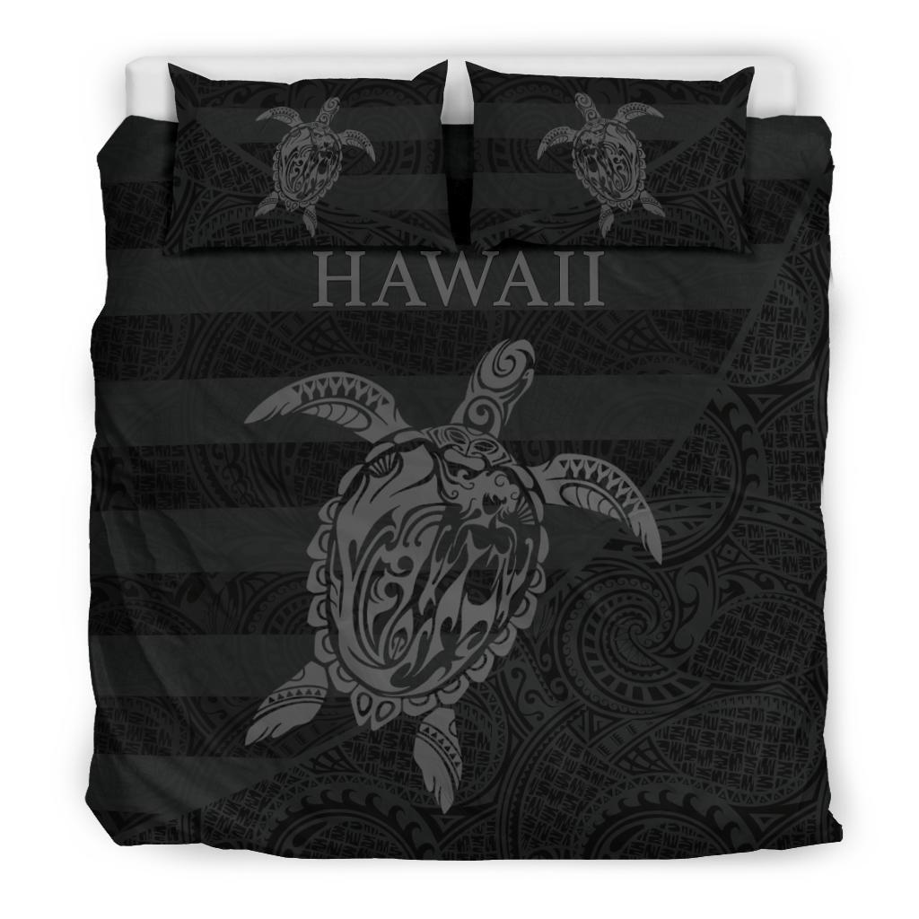 Hawaii Polynesian Duvet Cover Set - Turtle & Tiki Mermaid On Shell Black - Polynesian Pride