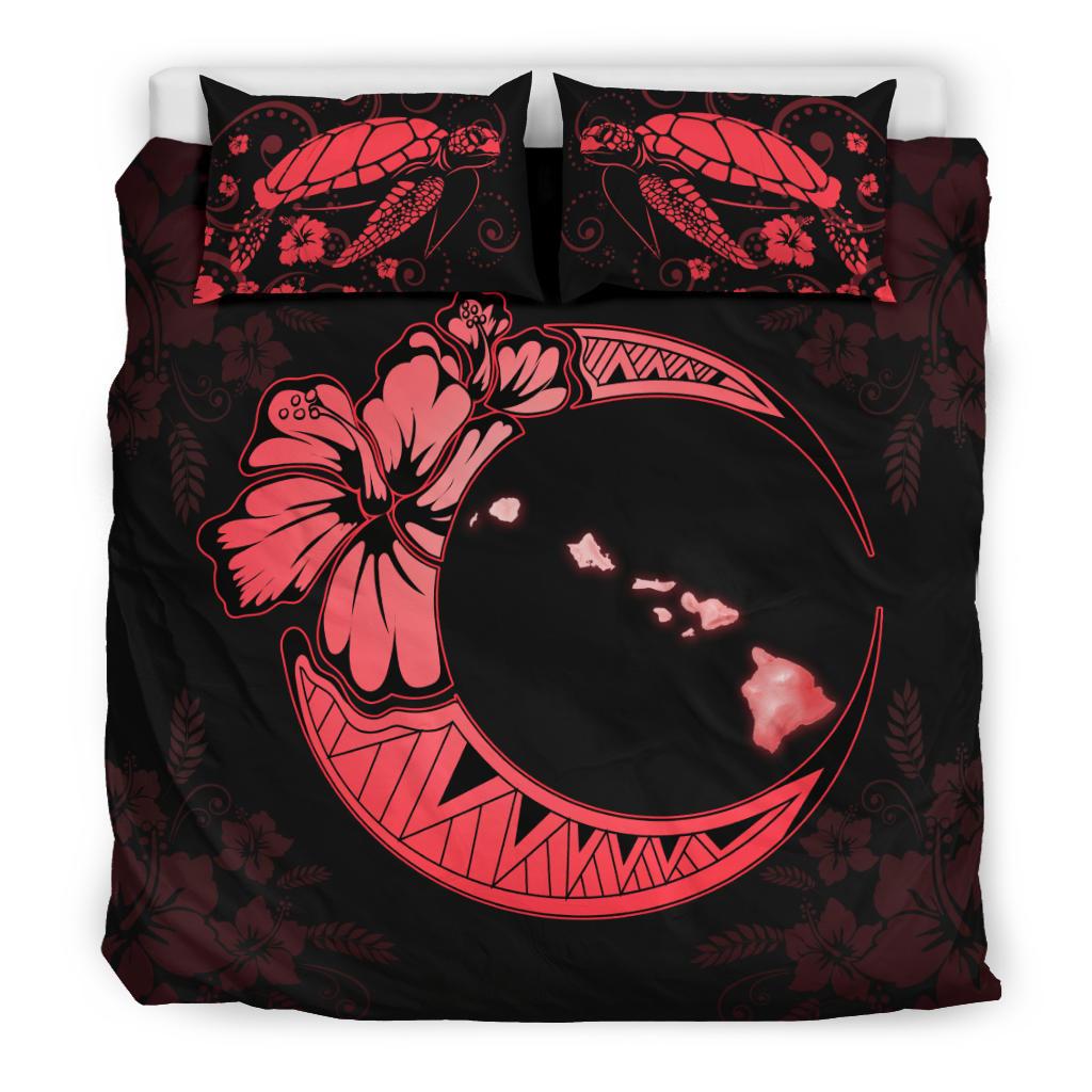 Hawaiian Map Hibiscus Turtle Polynesian Moon Bedding Set Red - Polynesian Pride