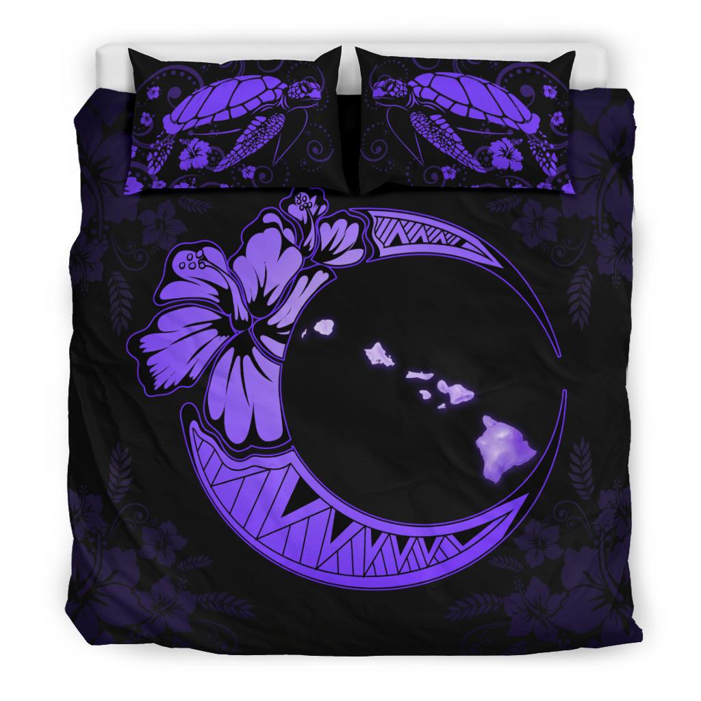 Hawaiian Map Hibiscus Turtle Polynesian Moon Bedding Set Violet - Polynesian Pride
