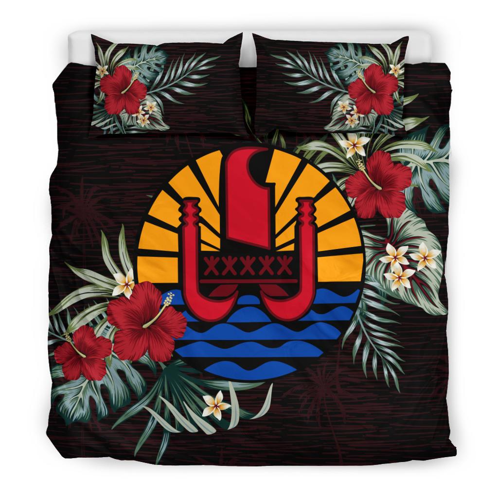 Tahiti Duvet Cover Set - Tahiti Flag Hibiscus Black - Polynesian Pride