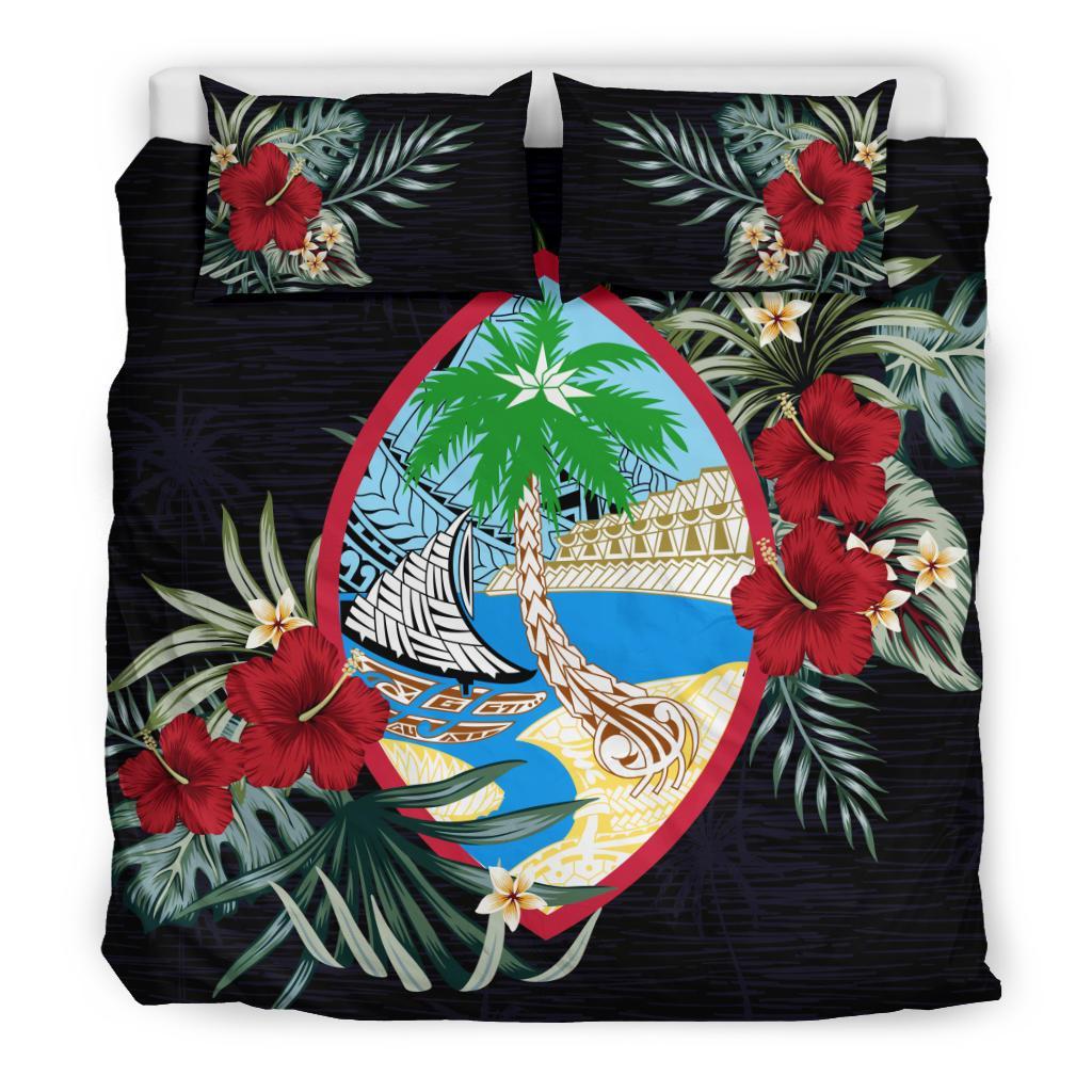 Guam Duvet Cover Set - Guam Coat Of Arms Hibiscus Black - Polynesian Pride