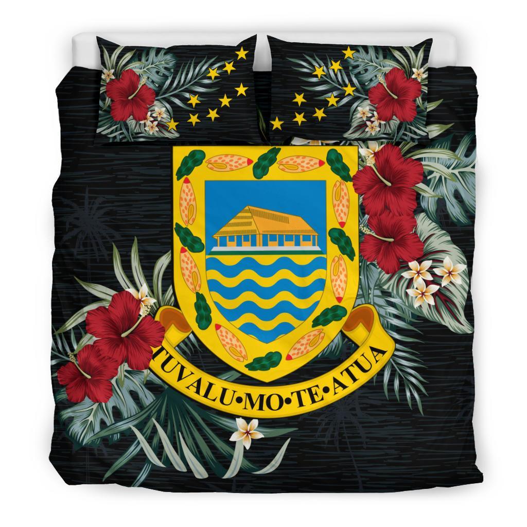 Tuvalu Duvet Cover Set - Tuvalu Coat Of Arms Hibiscus Black - Polynesian Pride