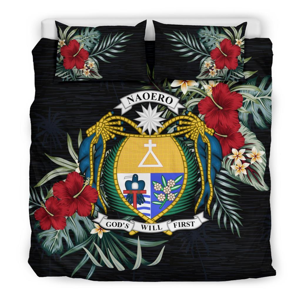 Nauru Duvet Cover Set - Nauru Coat Of Arms Hibiscus Black - Polynesian Pride