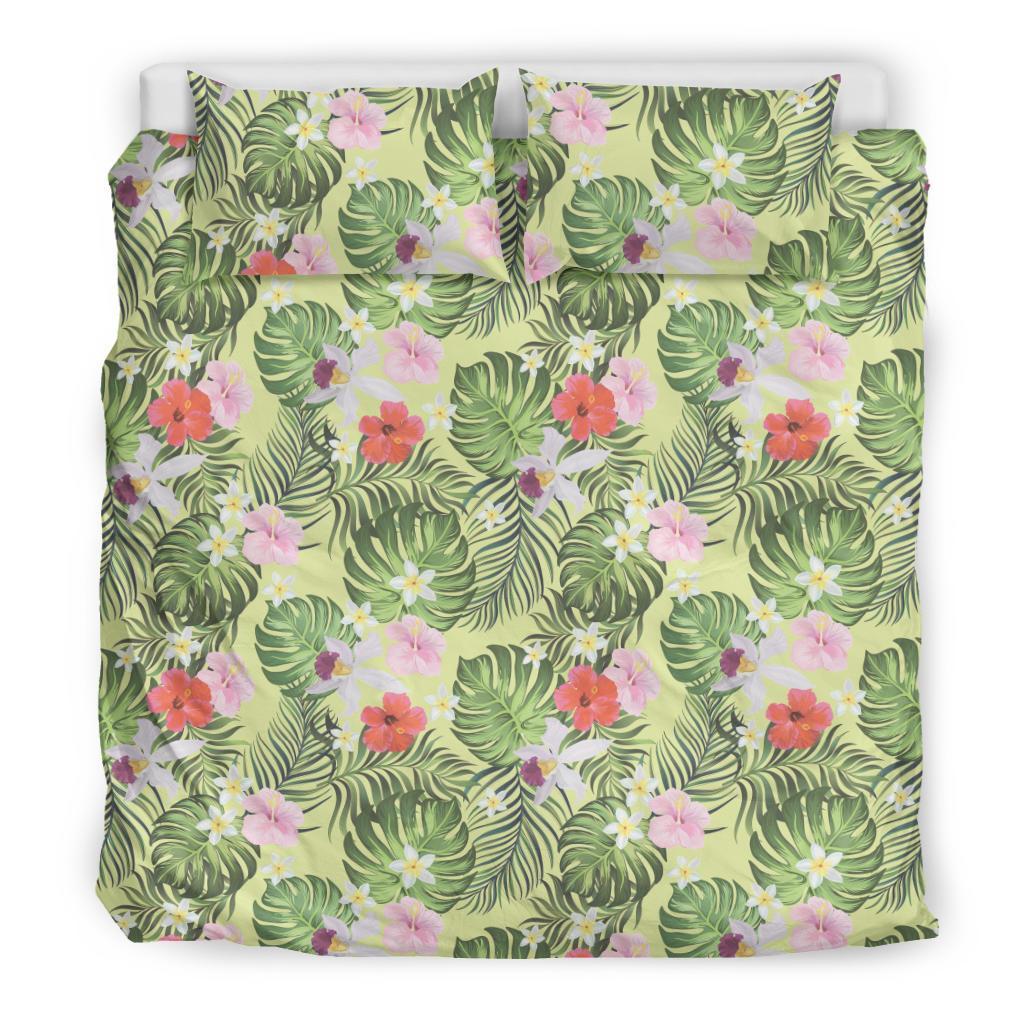 Hawaiian Tropical Hibiscus, Plumeria Monstera Leaves Green Polynesian Bedding Set - Polynesian Pride