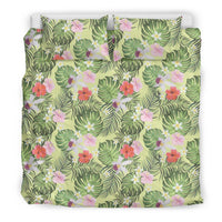 Hawaiian Tropical Hibiscus, Plumeria Monstera Leaves Green Polynesian Bedding Set - Polynesian Pride