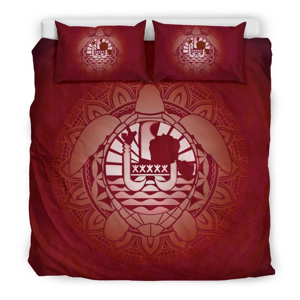 Tahiti Duvet Cover Set - Tahiti Coat Of Arms Turtle Red Version Red - Polynesian Pride