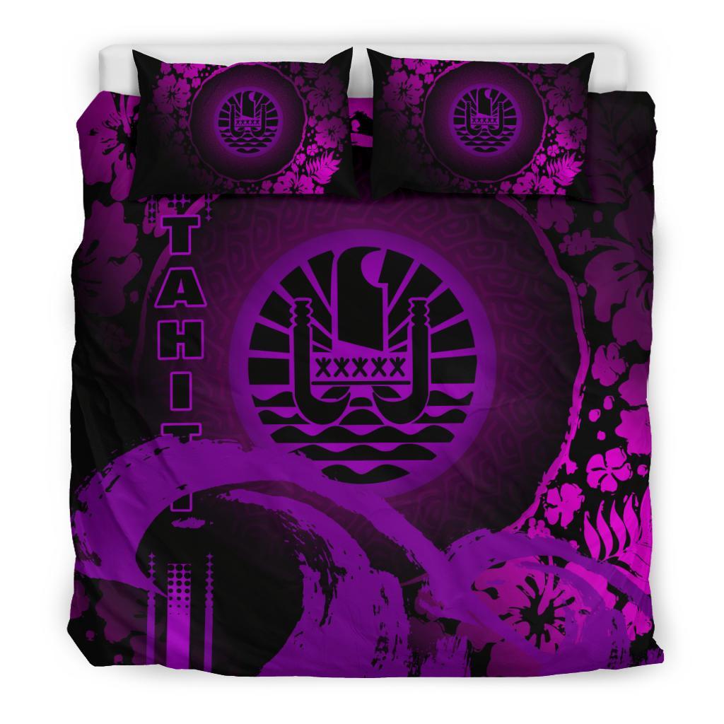 Tahiti Duvet Cover Set - Hibiscus And Wave Purple Black - Polynesian Pride