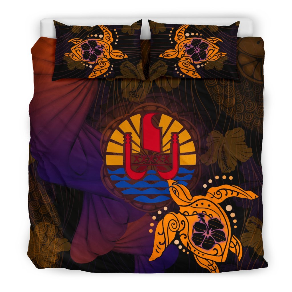 French Polynesia Duvet Cover Set - Turtle Hibiscus & Flag Orange - Polynesian Pride