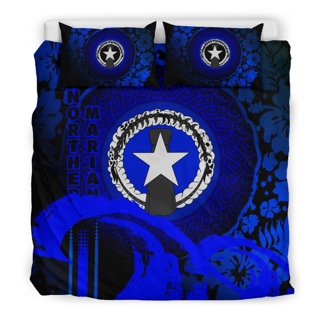 Northern Mariana Islands Duvet Cover Set - Hibiscus And Wave Blue Blue - Polynesian Pride