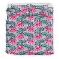 Hawaiian Tropical Flowers Palm Leaves Hibiscus Strips Polynesian Bedding Set - Polynesian Pride