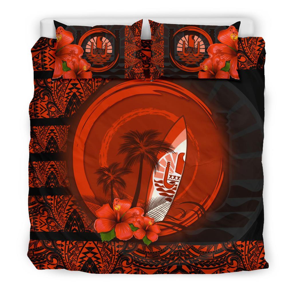 Tahiti Duvet Cover Set - Tahiti Coat Of Arms Hibiscus Coconut Tree Black - Polynesian Pride