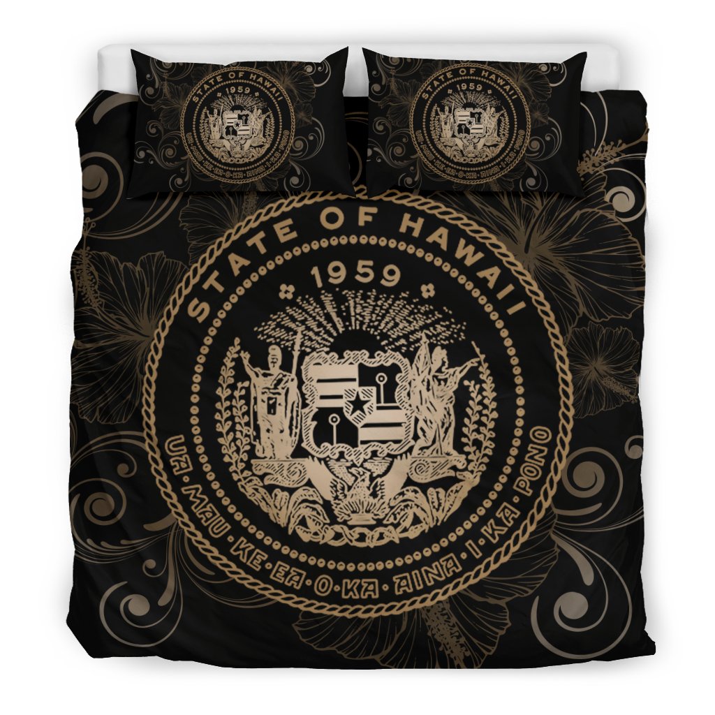Hawaiian Hibiscus Flag Coat Of Arms Polynesian Bedding Set Gold - Royal Style - Polynesian Pride