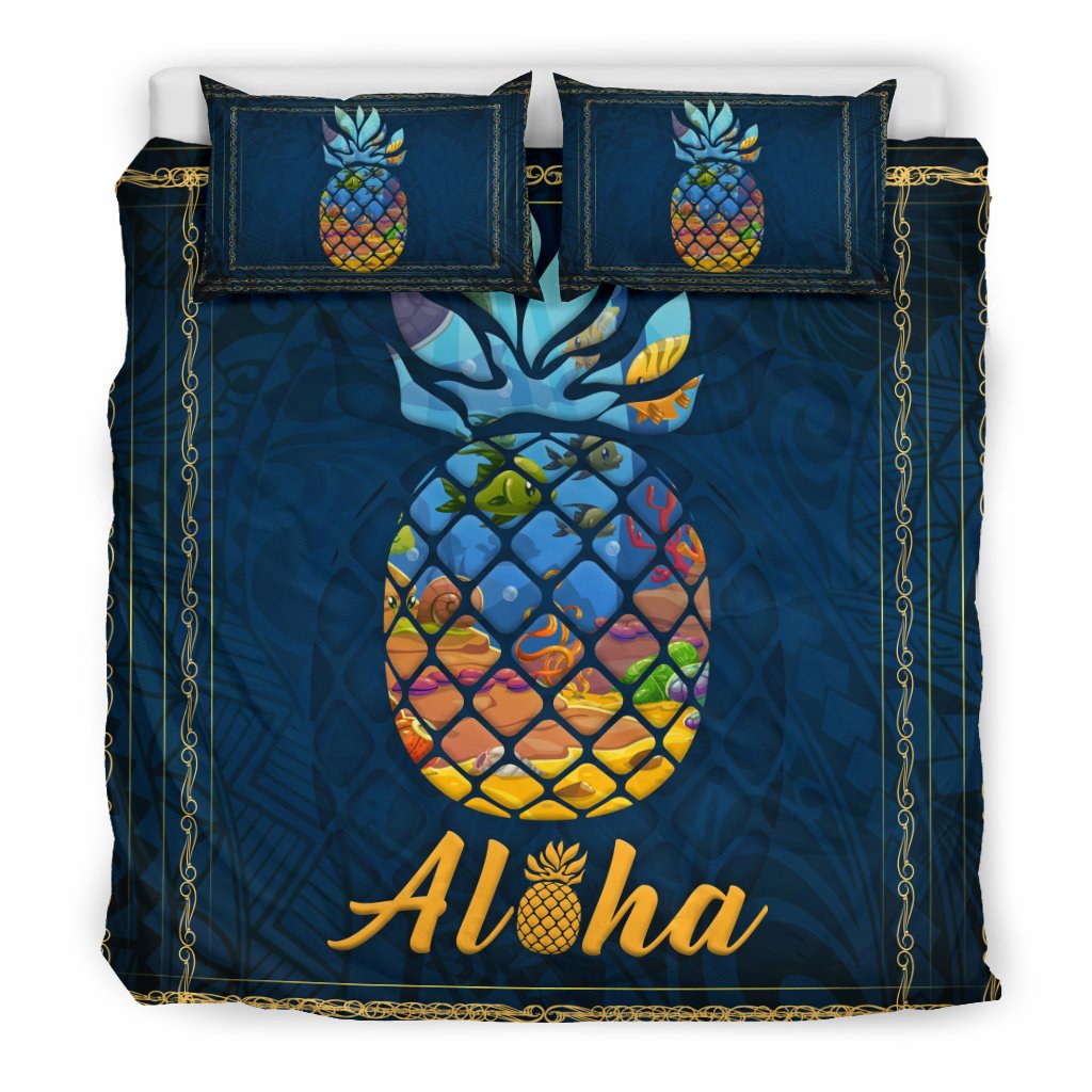 Hawaii Aloha Pineapple Duvet Cover Set Black - Polynesian Pride