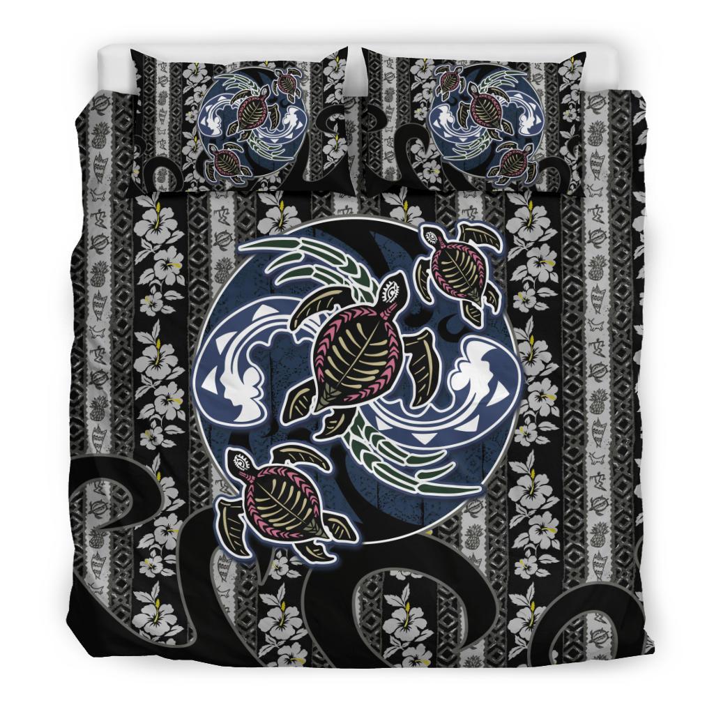 Hawaii Duvet Cover Set - Turtle Hibiscus Black - Polynesian Pride