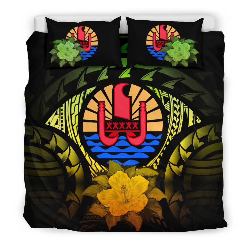 Tahiti Duvet Cover Set - Tahiti Flag & Reggae Hibiscus Art - Polynesian Pride