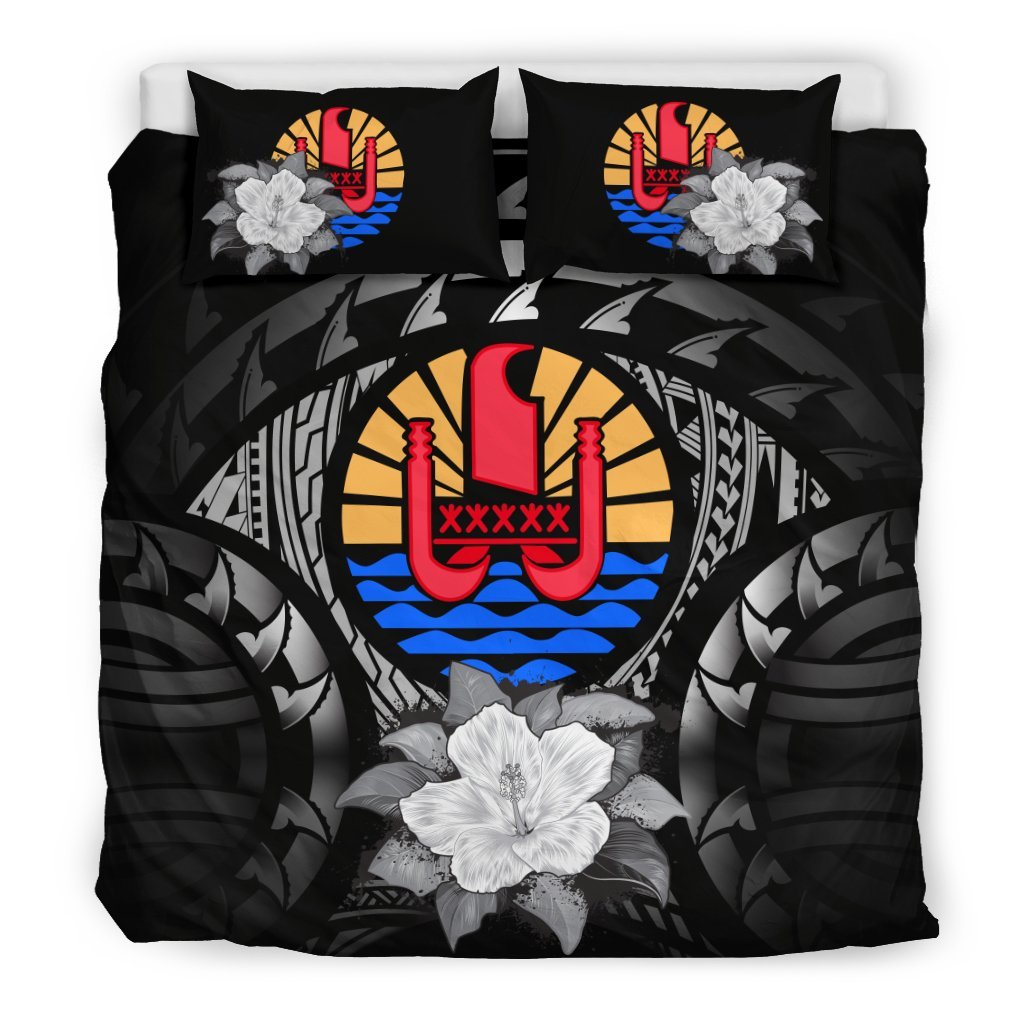 Tahiti Duvet Cover Set - Tahiti Flag & Gray Hibiscus Gray - Polynesian Pride