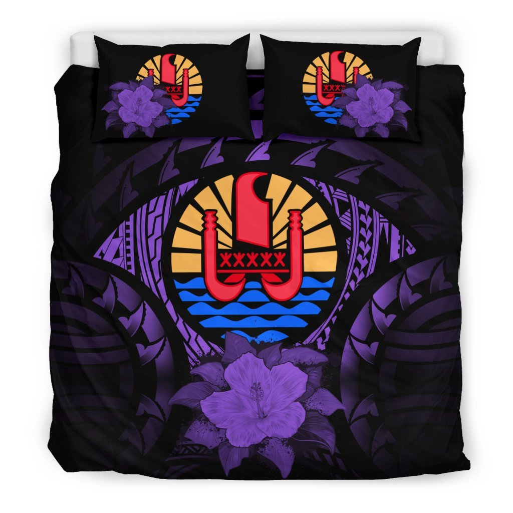 Tahiti Duvet Cover Set - Tahiti Flag & Purple Hibiscus Purple - Polynesian Pride