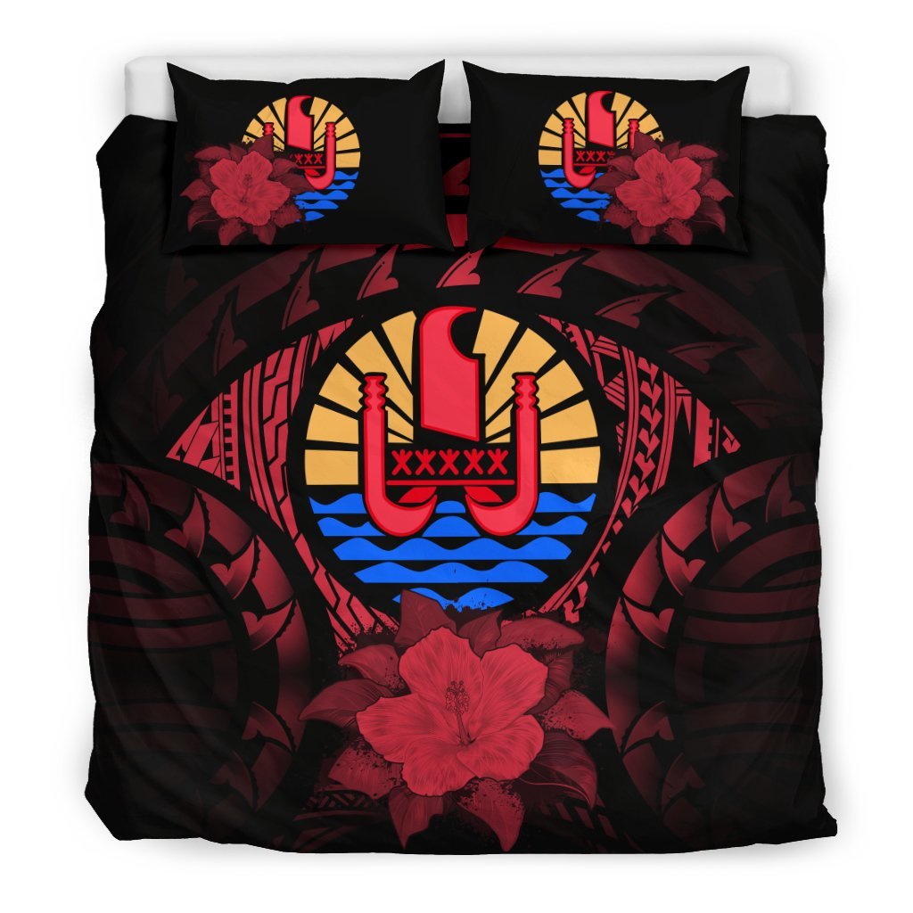 Tahiti Duvet Cover Set - Tahiti Flag & Red Hibiscust Red - Polynesian Pride