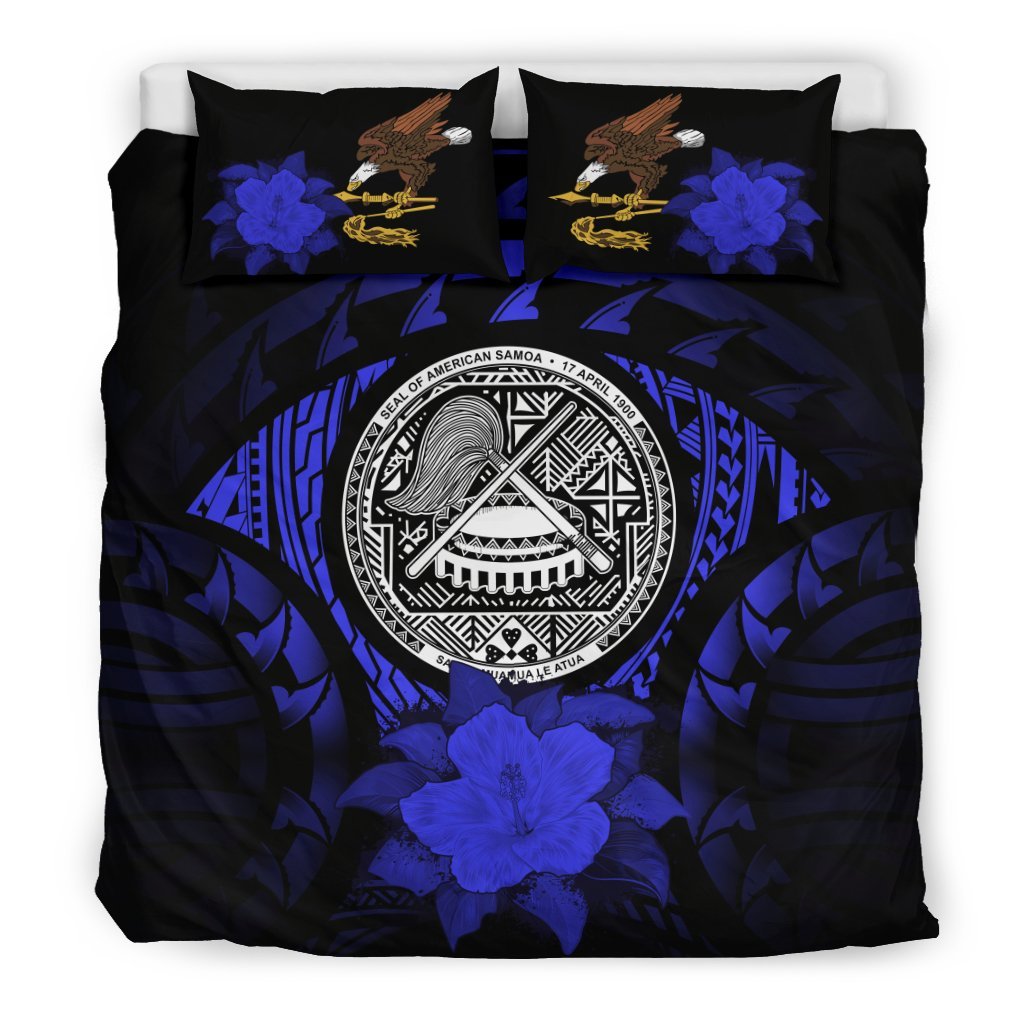 American Samoa Duvet Cover Set - American Samoa Seal & Blue Hibiscus Blue - Polynesian Pride