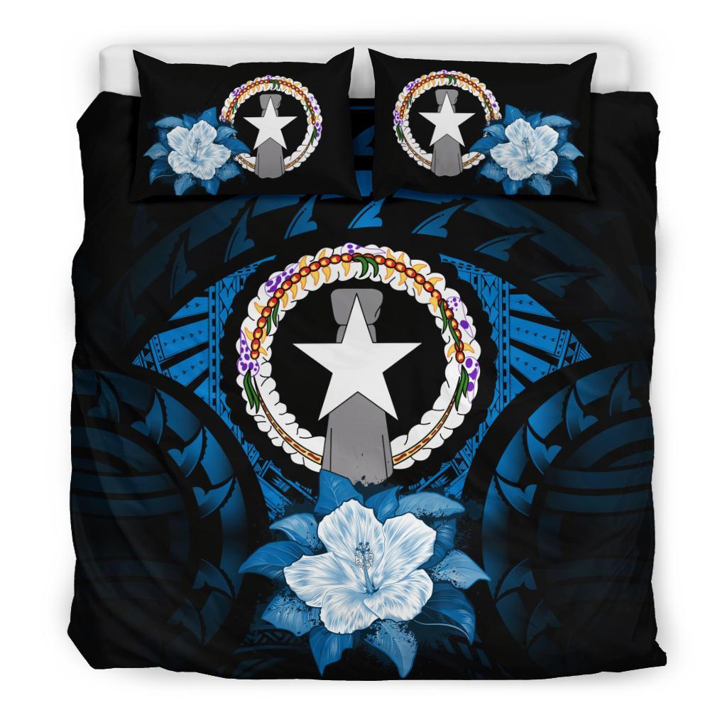 Northern Mariana Islands Duvet Cover Set - Northern Mariana Islands Flag & Hibiscus Blue - Polynesian Pride