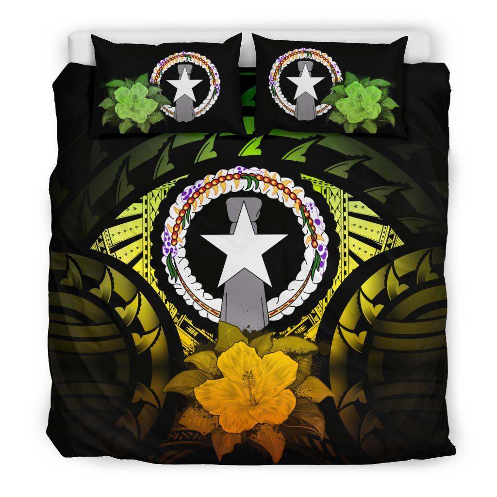 Northern Mariana Islands Duvet Cover Set - Northern Mariana Islands Flag & Reggae Hibiscus Art - Polynesian Pride