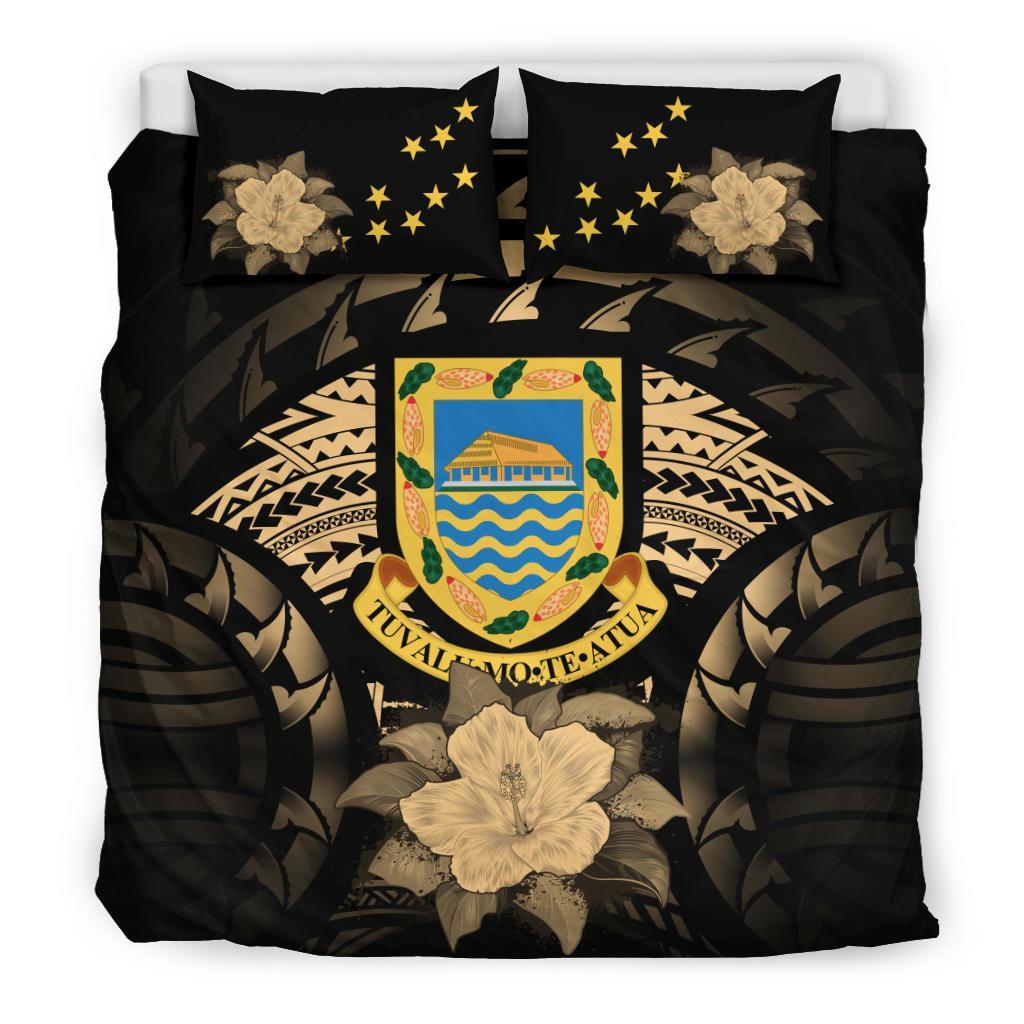 Tuvalu Duvet Cover Set - Tuvalu Coat Of Arms & Gold Hibiscus Gold - Polynesian Pride