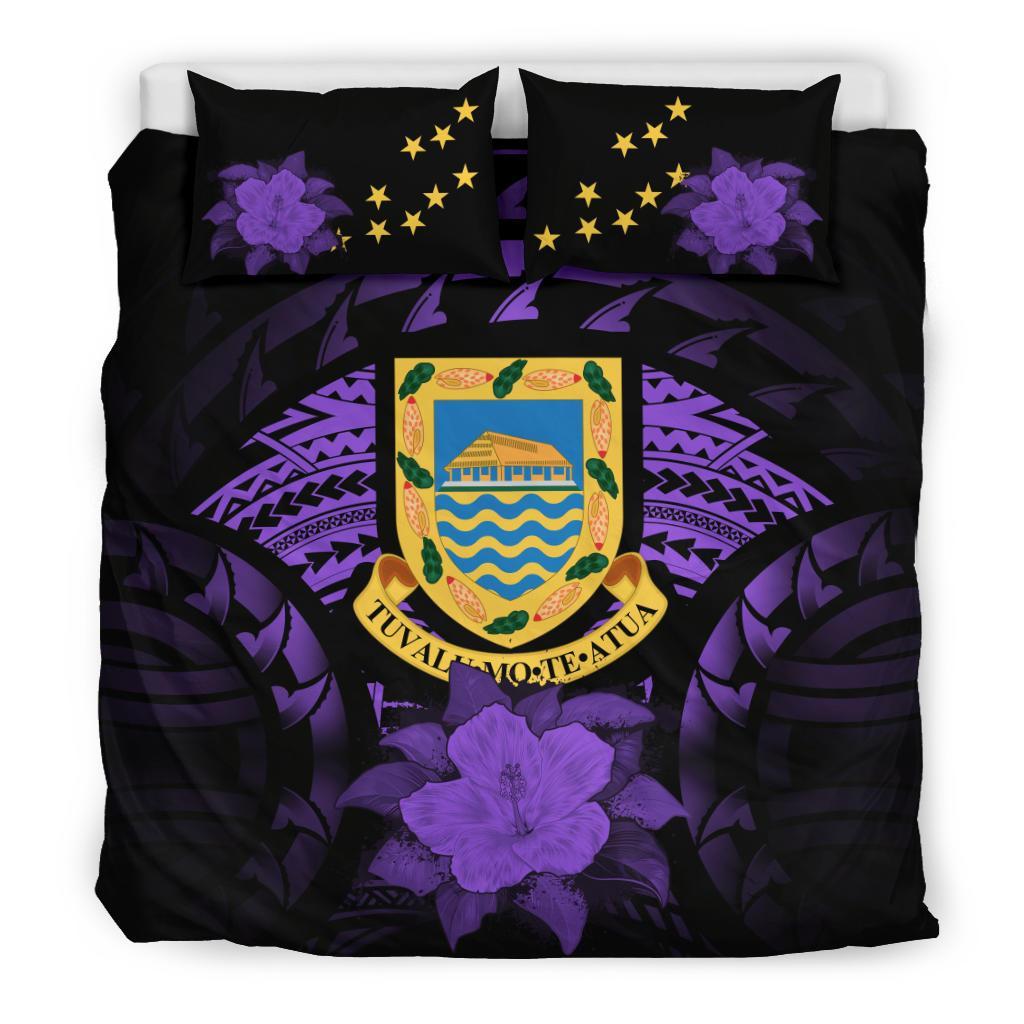 Tuvalu Duvet Cover Set - Tuvalu Coat Of Arms & Purple Hibiscus Purple - Polynesian Pride