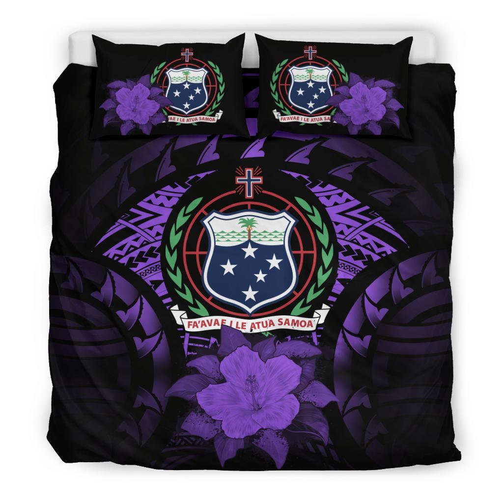 Samoa Duvet Cover Set - Samoa Coat Of Arms & Purple Hibiscus Purple - Polynesian Pride