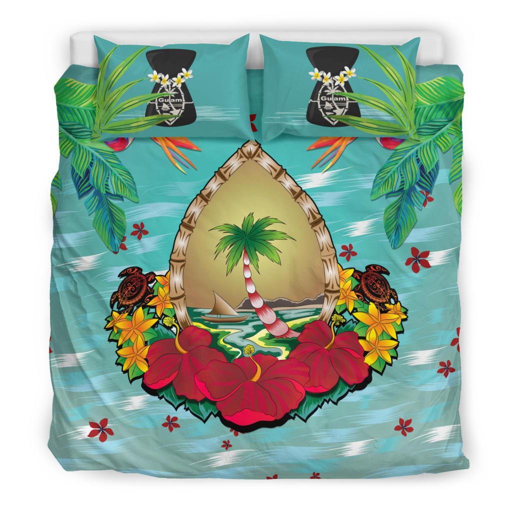 Guam Duvet Cover Set - Guam Coat Of Arms & Latte Stones Hibiscus Black - Polynesian Pride