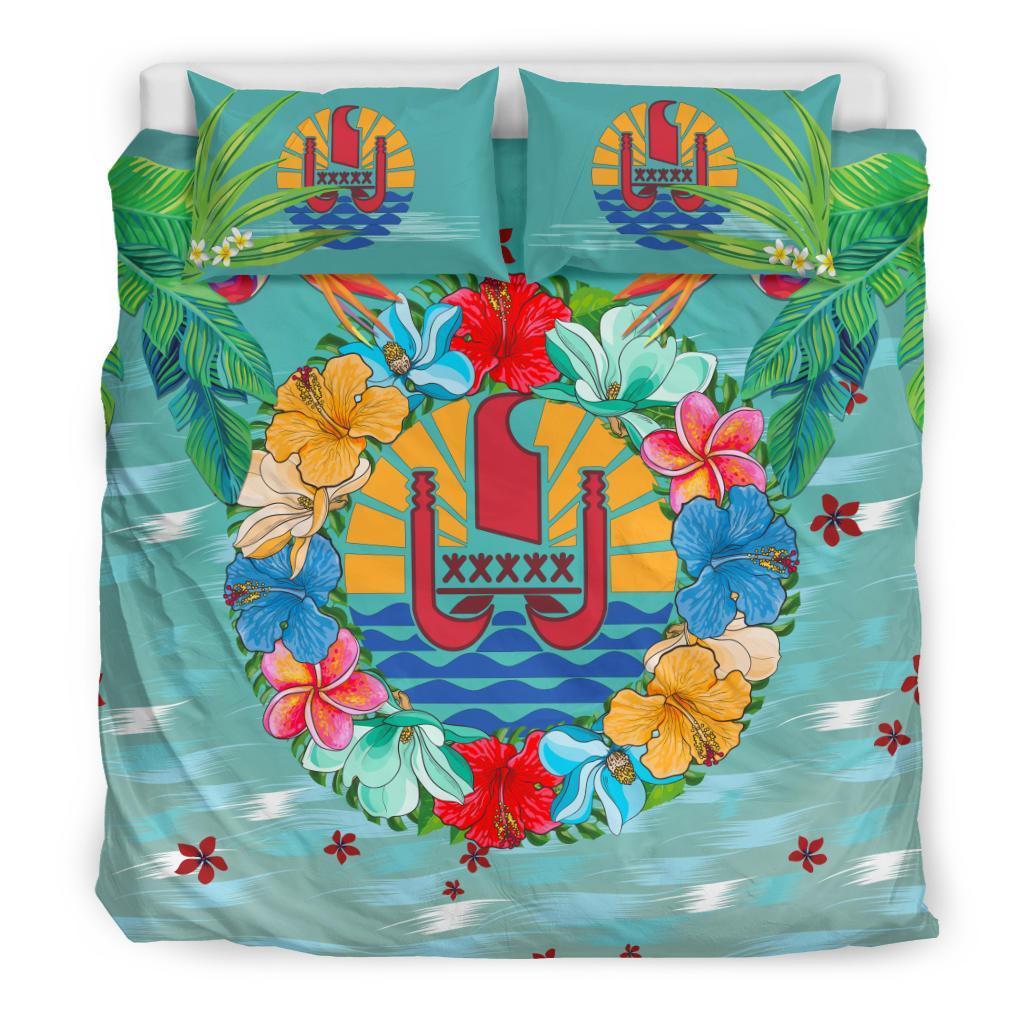 Tahiti Duvet Cover Set - Tahiti Tiffany Flag & Hibiscus Black - Polynesian Pride