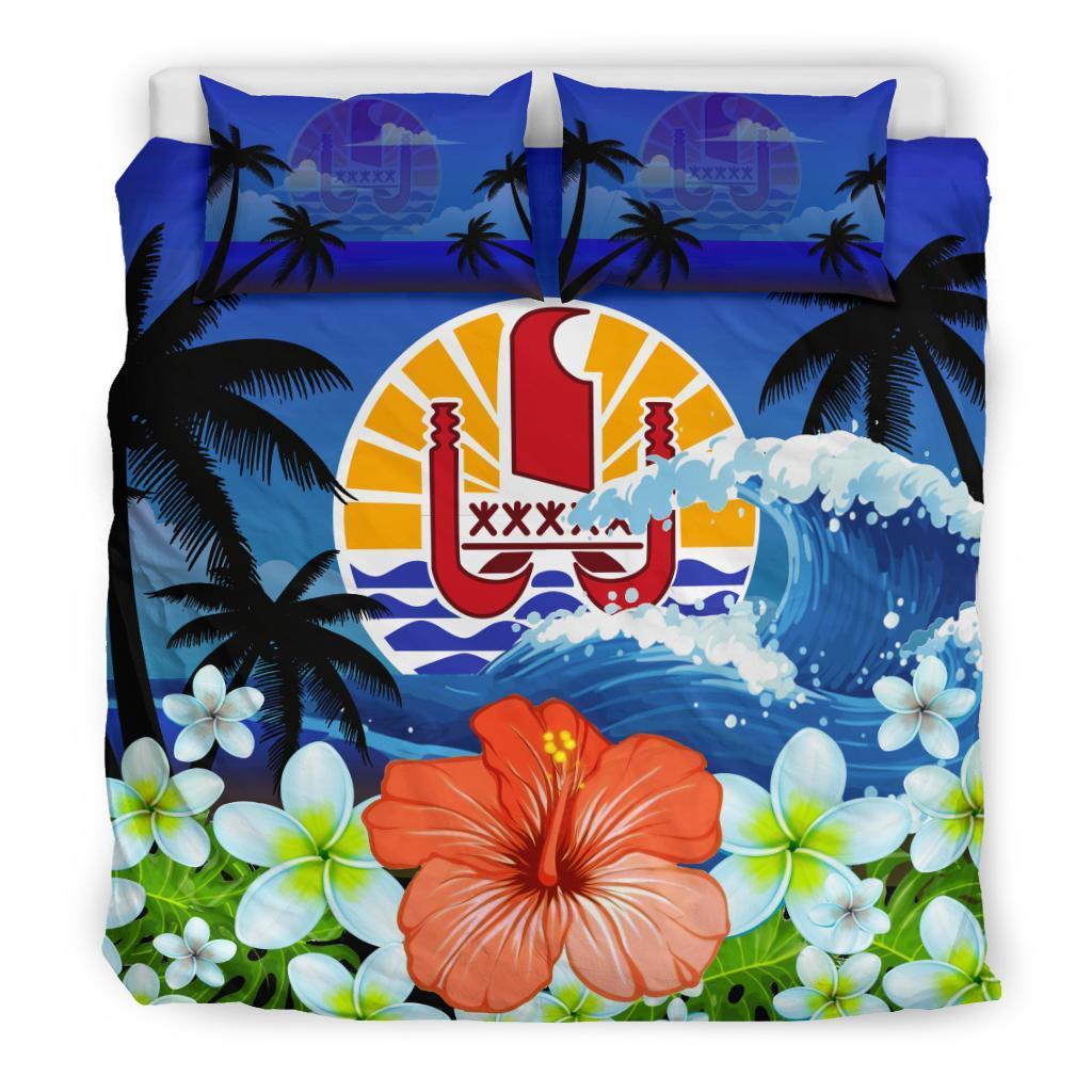 Tahiti Duvet Cover Set - Tahiti Flag Hibiscus Wave Black - Polynesian Pride