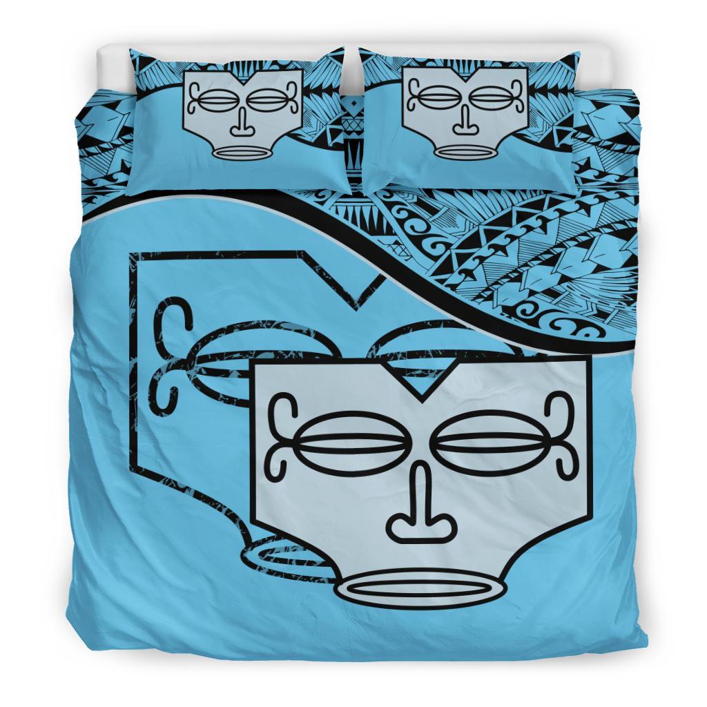 Marquesas Islands Duvet Cover Set - Tiki Face Pattern Blue Blue - Polynesian Pride