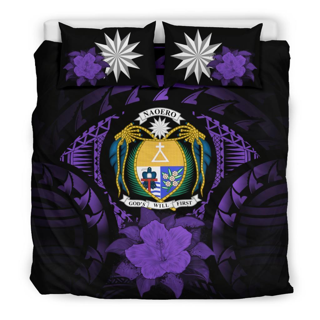 Nauru Duvet Cover Set - Nauru Coat Of Arms & Purple Hibiscus Purple - Polynesian Pride