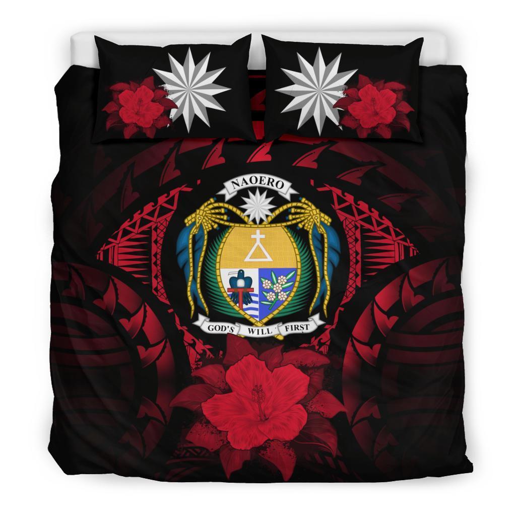 Nauru Duvet Cover Set - Nauru Coat Of Arms & Red Hibiscus Red - Polynesian Pride