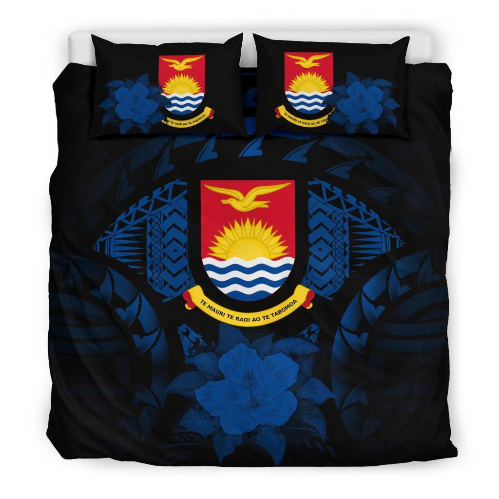 Kiribati Duvet Cover Set - Kiribati Coat Of Arms & Dark Blue Hibiscus Blue - Polynesian Pride