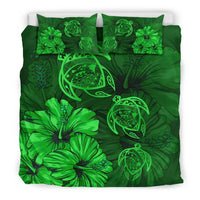 Hawaiian Map Turtle Hibiscus Vintage Polynesian Bedding Set Green - Polynesian Pride