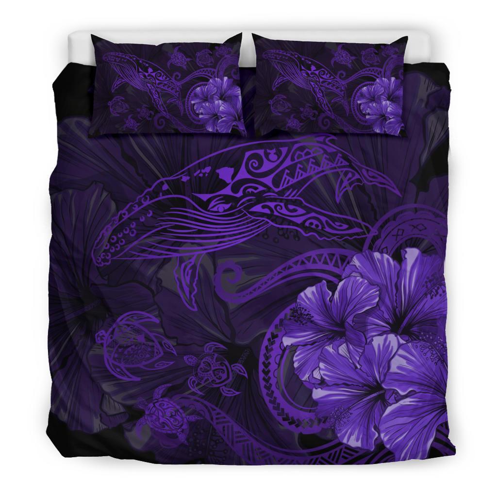 Hawaiian Hibiscus Whale Turtle Dance Polynesian Bedding Set - Purple - Polynesian Pride