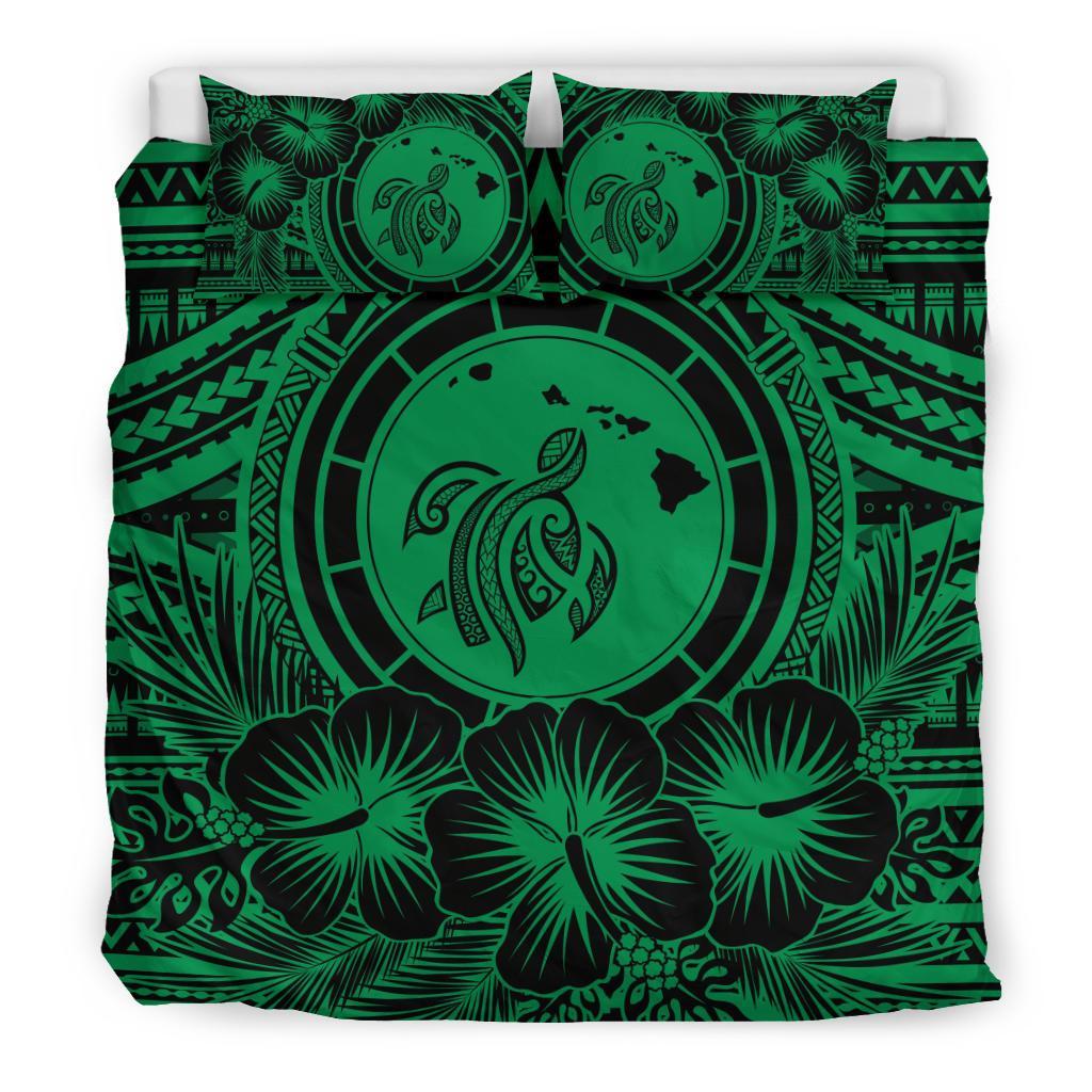Hawaiian Map Honu Hibiscus Tropic Green Polynesian Bedding Set - Polynesian Pride