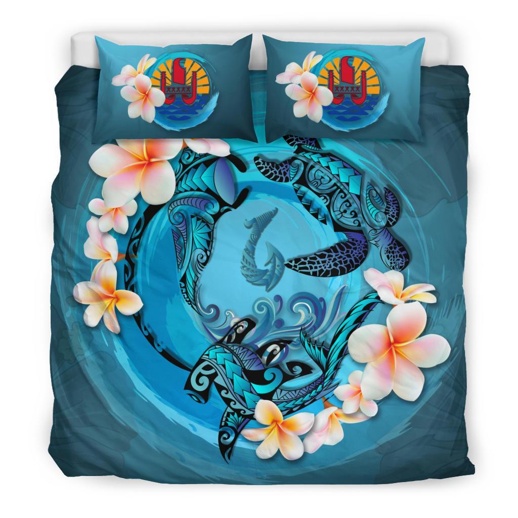 Polynesian Duvet Cover Set - Tahiti Bedding Set Blue Plumeria Animal Tattoo Blue - Polynesian Pride