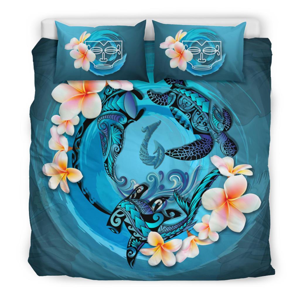 Polynesian Duvet Cover Set - Marquesas Islands Bedding Set Blue Plumeria Animal Tattoo Blue - Polynesian Pride