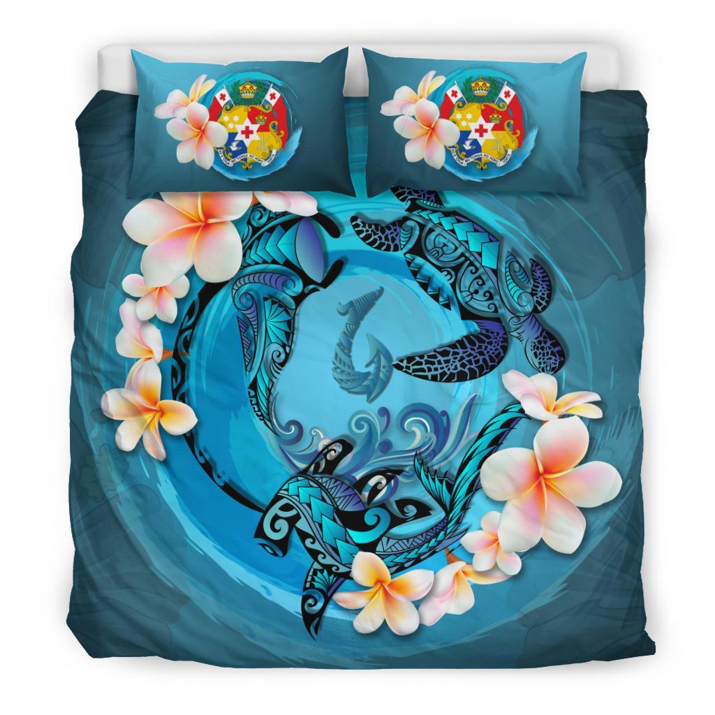 Polynesian Duvet Cover Set - Tonga Bedding Set Blue Plumeria Animal Tattoo Blue - Polynesian Pride