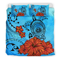 Hawaiian Map Kanaka Turtle Seal Of Hawaii Hibiscus Plumeria Ocean Background Polynesian Bedding Set - Polynesian Pride
